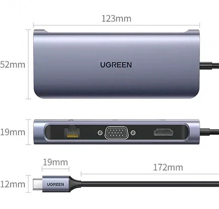Стыковочная станция UGREEN Adapter 9-in-1 USB-C, Серый (40873)
