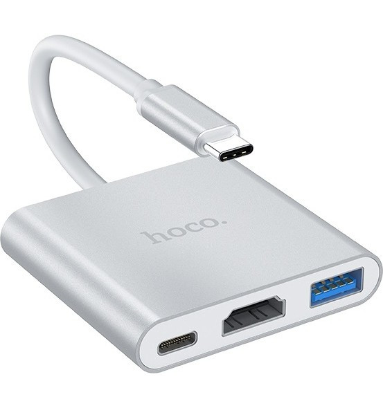 Стыковочная станция HOCO HB14 Easy use Type-C adapter (Type-C to USB3.0+HDMI+PD), серебристый