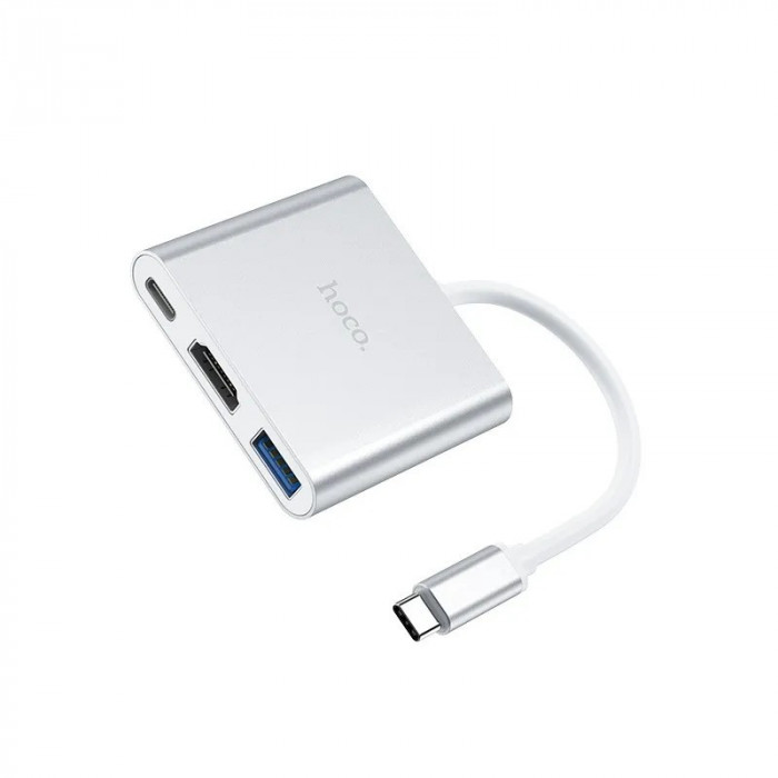Стыковочная станция HOCO HB14 Easy use Type-C adapter (Type-C to USB3.0+HDMI+PD), серебристый